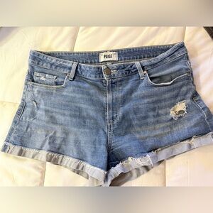 PAIGE Medium Blue Distressed Jean Shorts